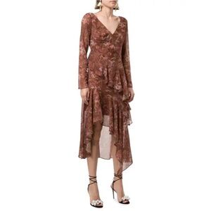 Marchesa Notte Floral Chiffon Asymmetrical Ruffle Dress in Rust Womens 8